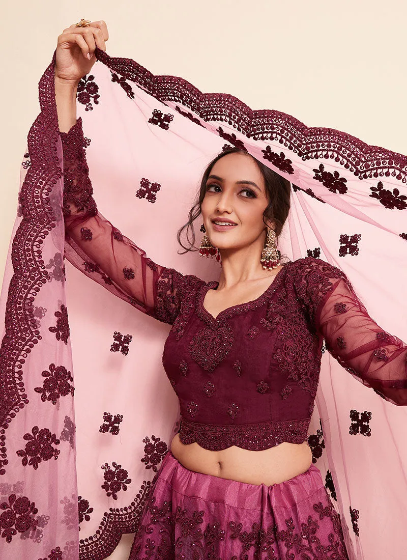 Magenta Ombré Thread Embroidery Lehenga Choli With Dupatta