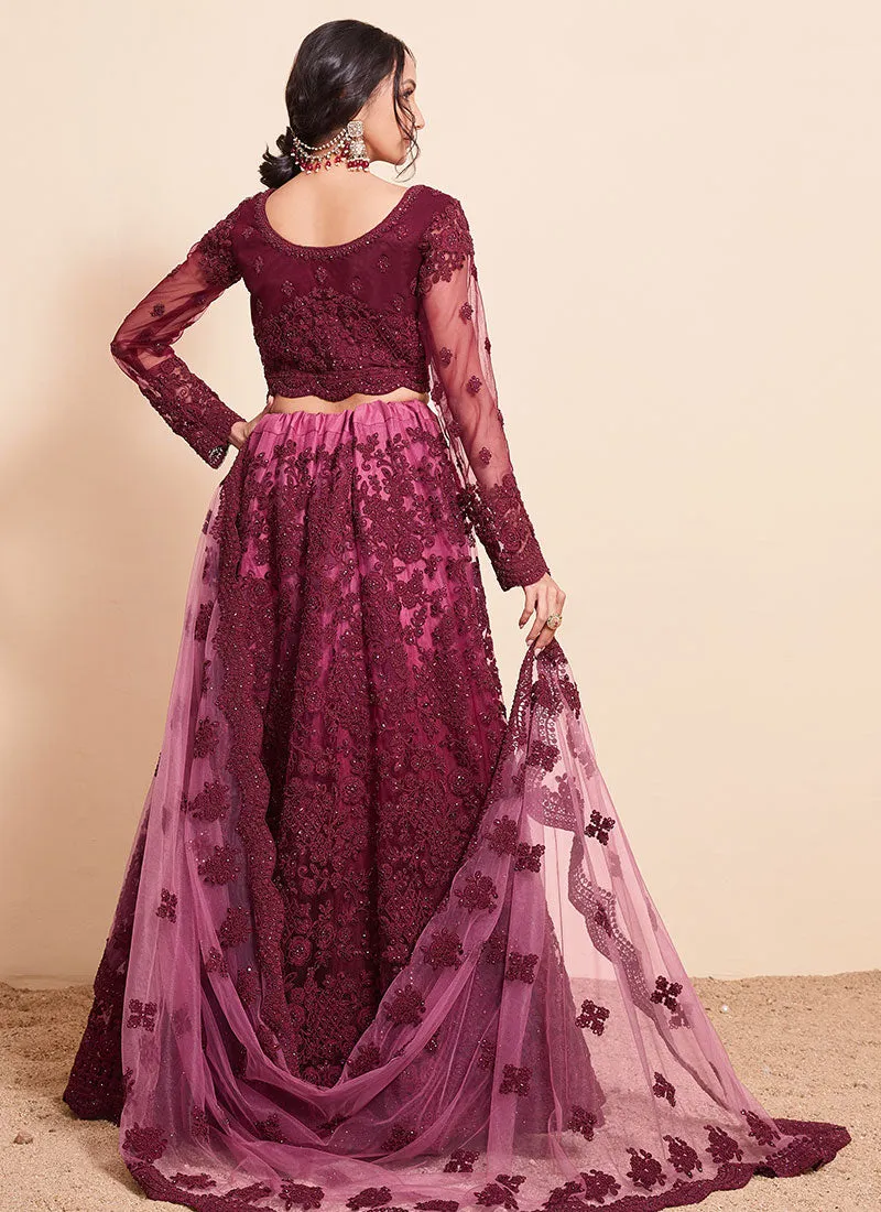 Magenta Ombré Thread Embroidery Lehenga Choli With Dupatta