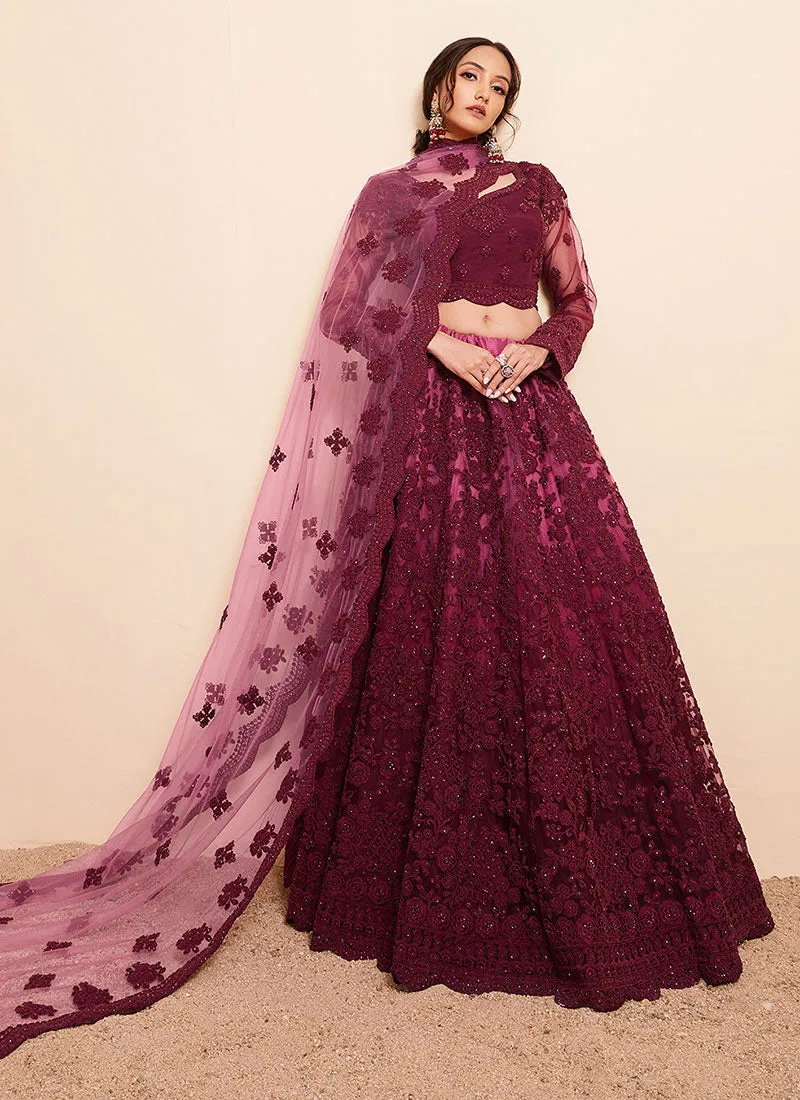 Magenta Ombré Thread Embroidery Lehenga Choli With Dupatta