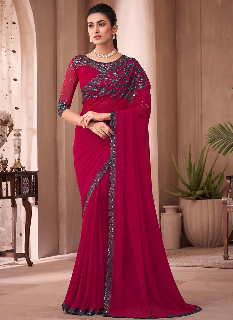 Magenta Sequence Embroidery Traditional Wedding Saree