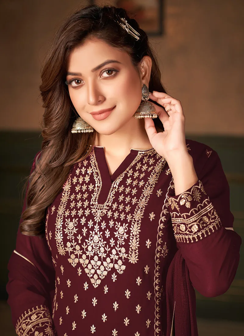 Maroon Embroidered Designer Georgette Palazzo Suit