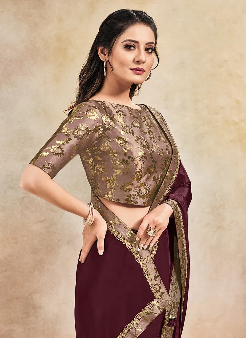 Maroon Golden Embroidered Wedding Saree