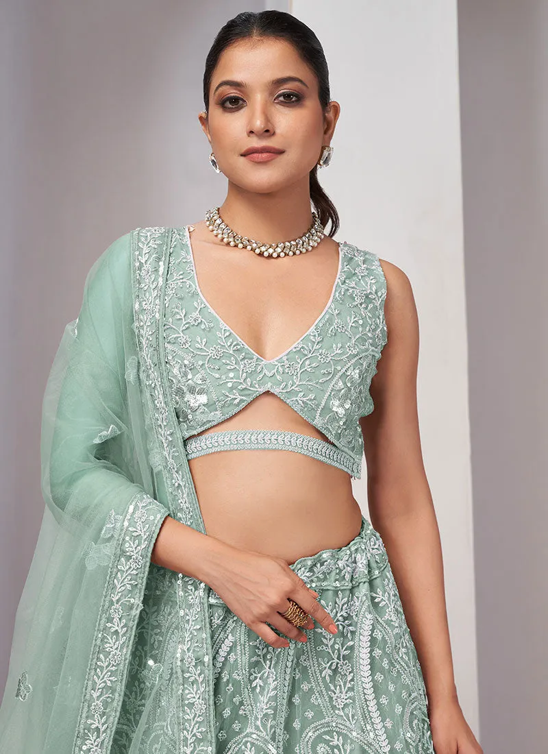 Mint Green Thread And Sequence Embroidery Traditional Wedding Lehenga