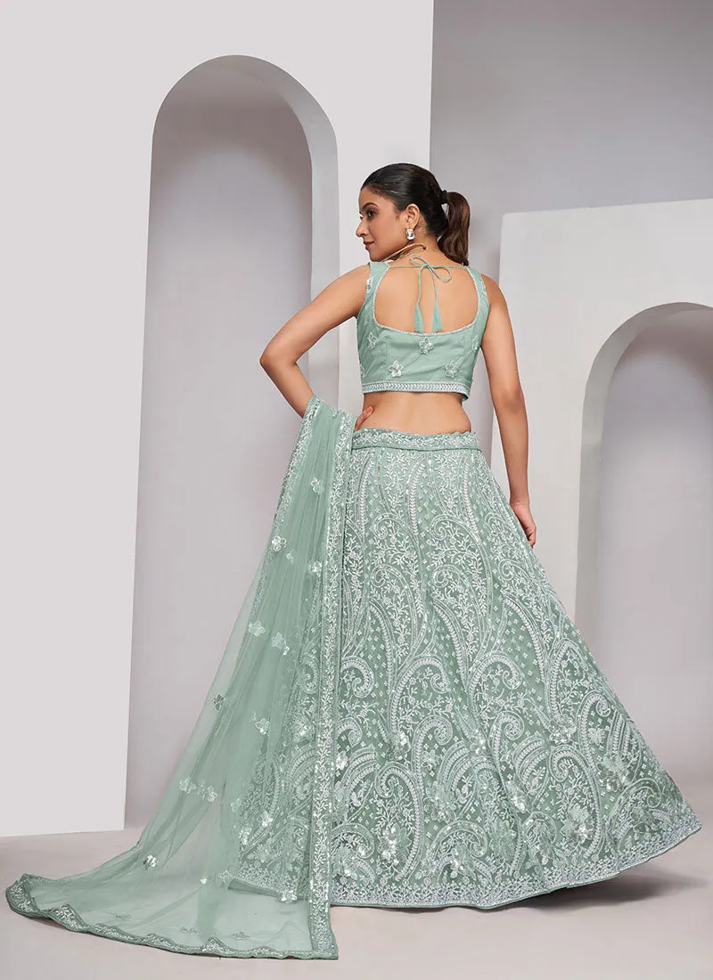 Mint Green Thread And Sequence Embroidery Traditional Wedding Lehenga