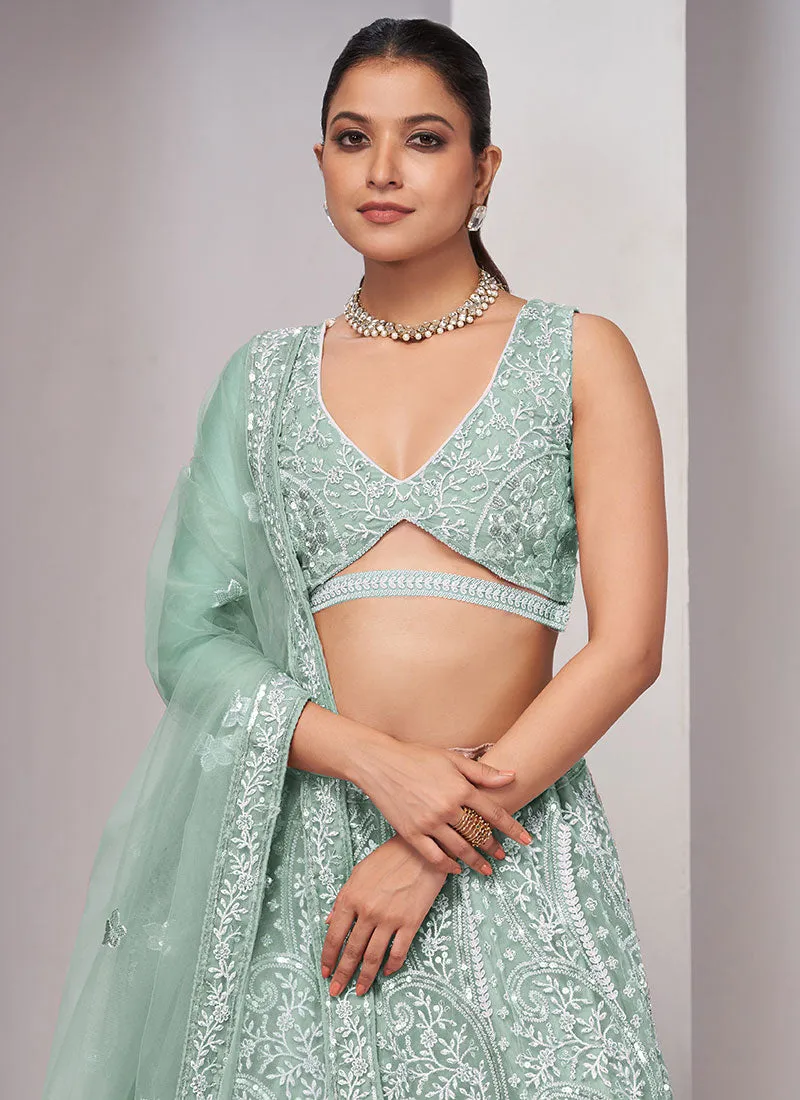 Mint Green Thread And Sequence Embroidery Traditional Wedding Lehenga