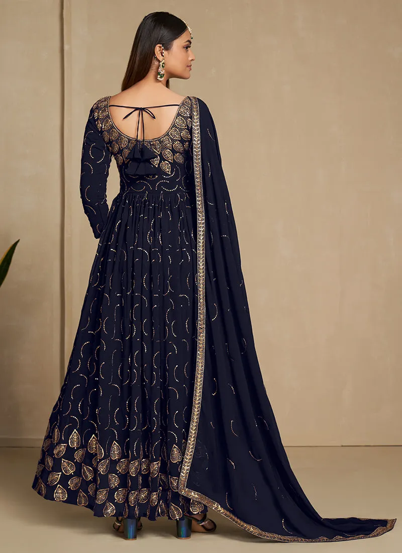 Navy Blue Golden Embroidery Festive Anarkali Gown