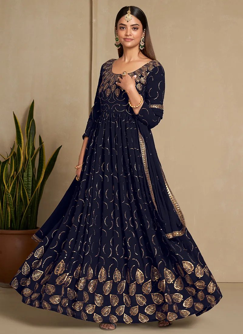 Navy Blue Golden Embroidery Festive Anarkali Gown