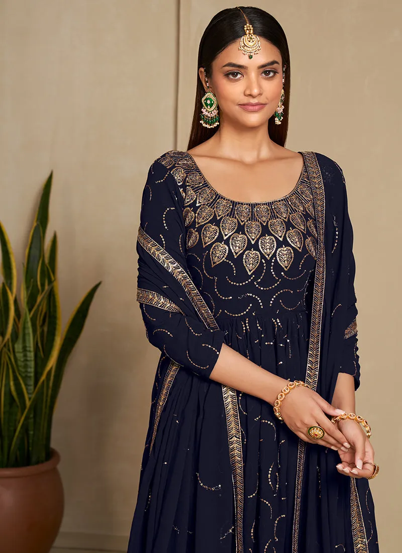 Navy Blue Golden Embroidery Festive Anarkali Gown