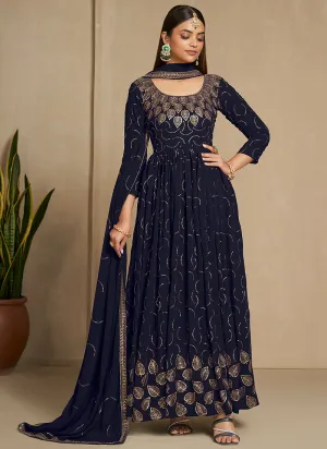 Navy Blue Golden Embroidery Festive Anarkali Gown