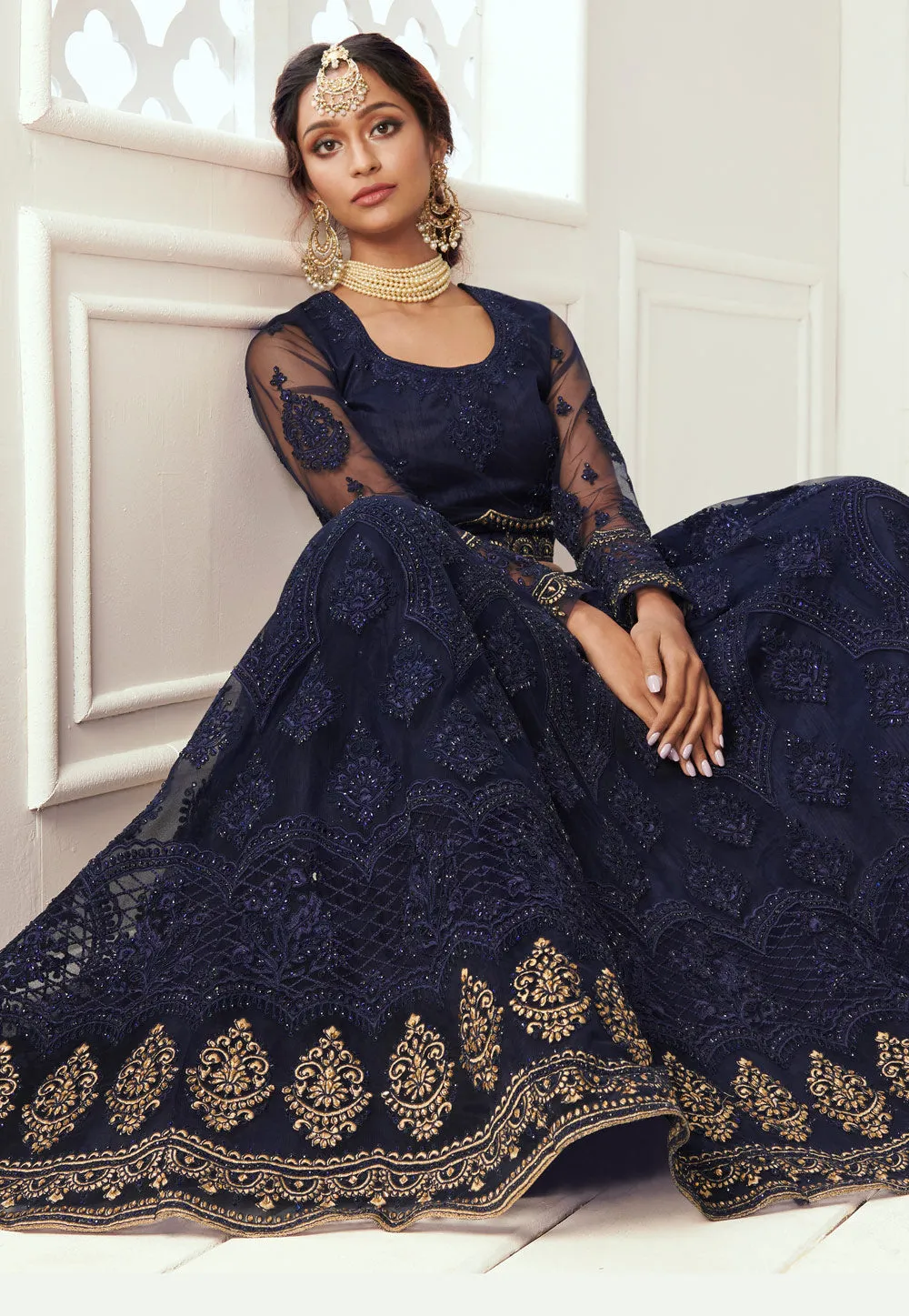 Navy Blue Golden Wedding Lehenga Choli