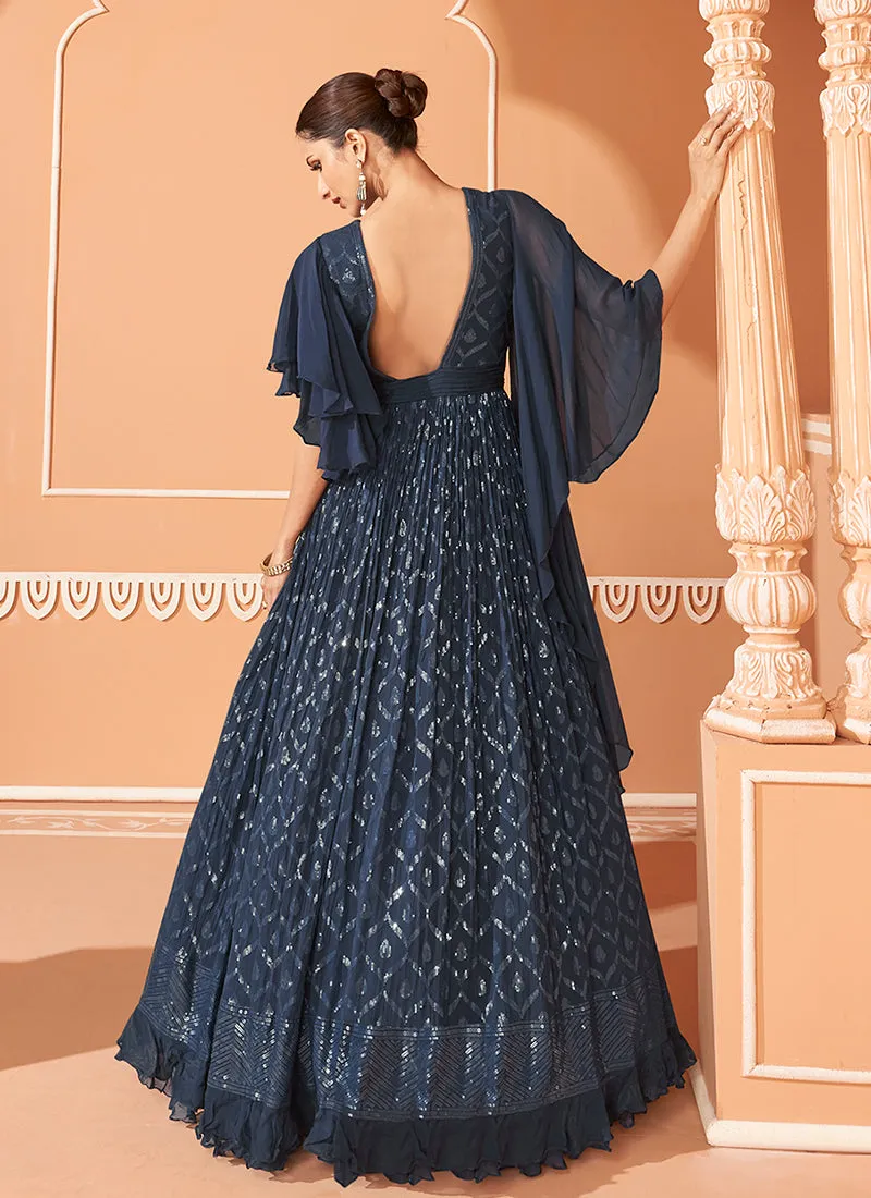 Navy Blue Sequence Embroidery Designer Anarkali Gown