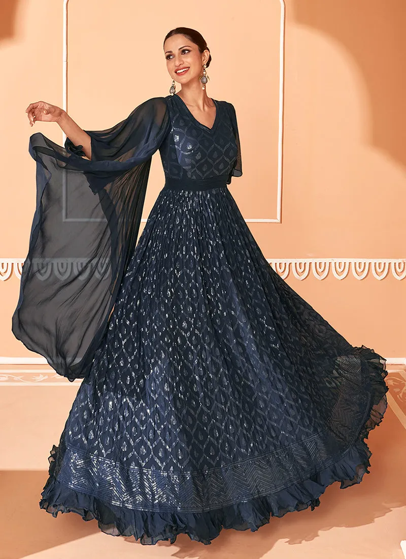 Navy Blue Sequence Embroidery Designer Anarkali Gown