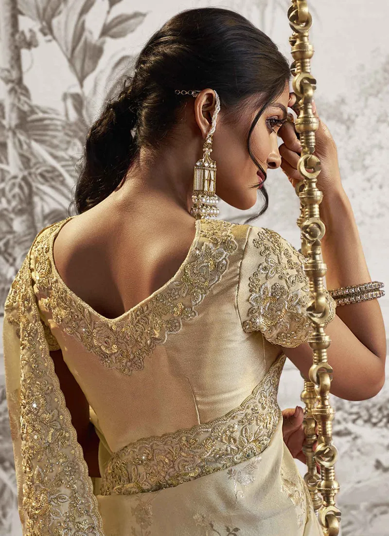 Off White Golden Sequence Embroidery Wedding Saree