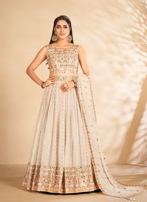 Off White Mirror Embroidered Anarkali Gown