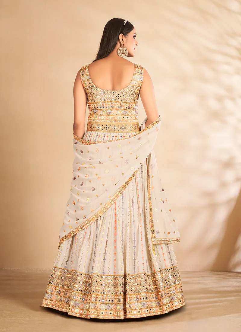 Off White Mirror Embroidered Anarkali Gown