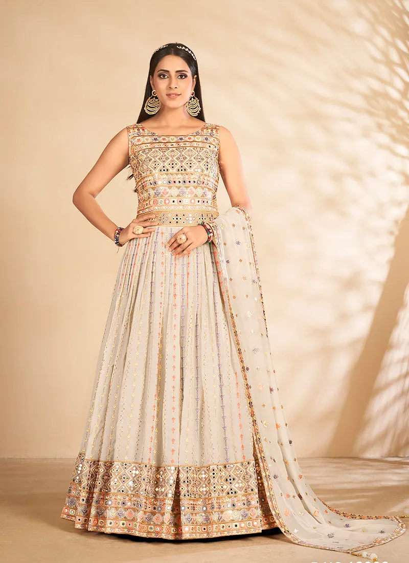 Off White Mirror Embroidered Anarkali Gown