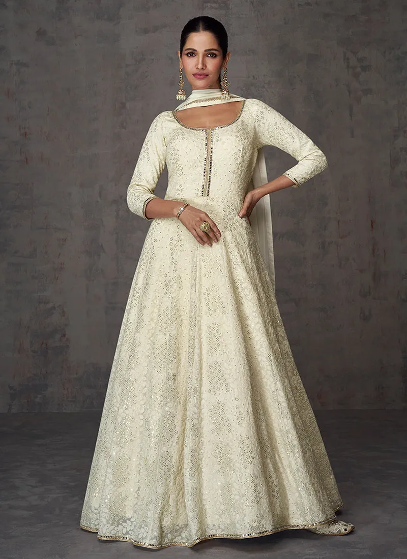 Off White Sequence And Mirror Work Embroidery Anarkali Gown