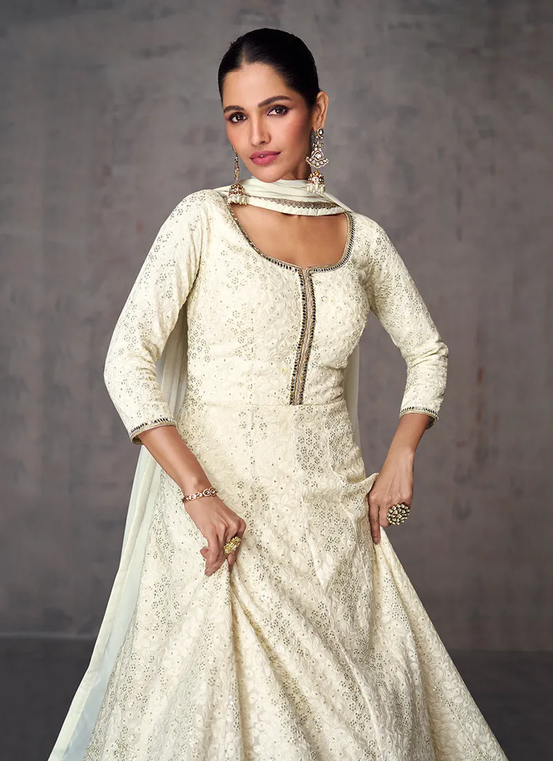 Off White Sequence And Mirror Work Embroidery Anarkali Gown