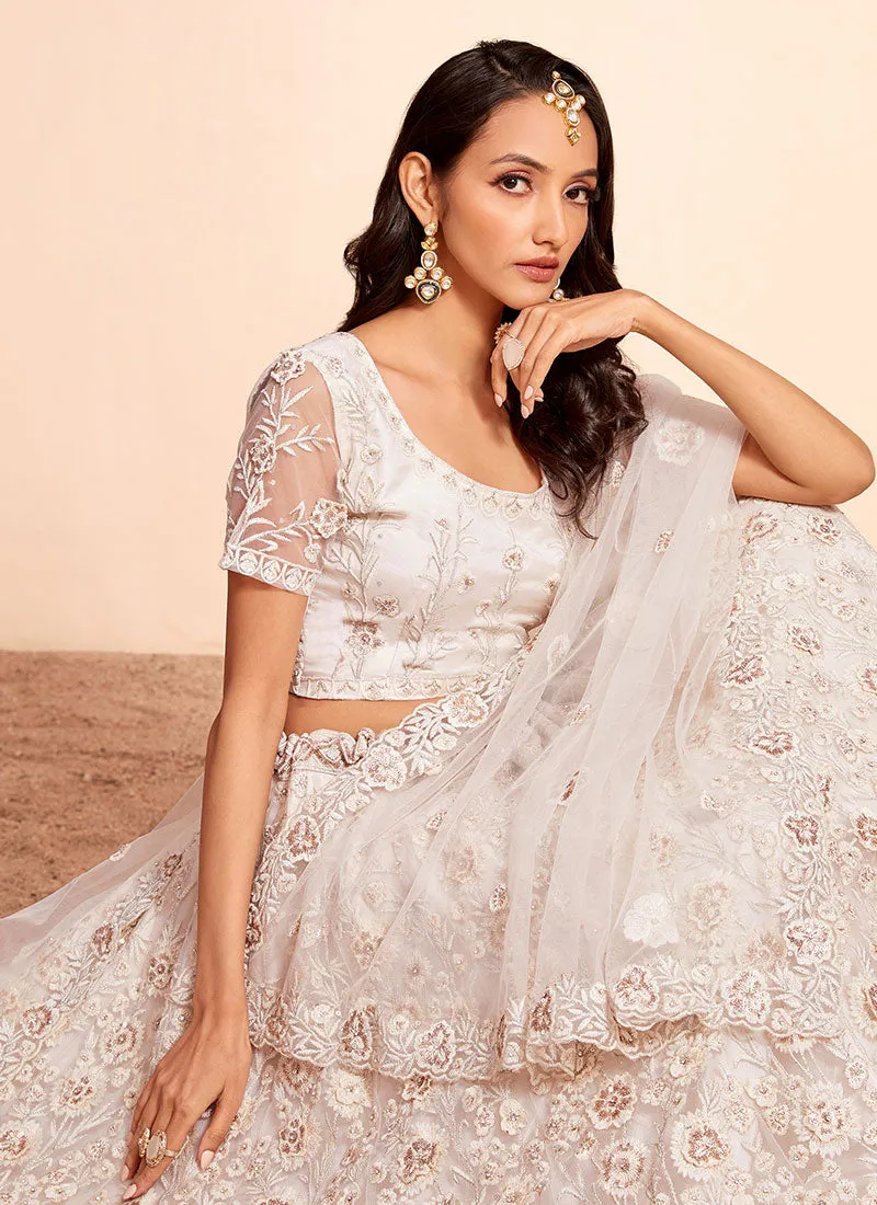 Off White Thread And Sequence Embroidery Lehenga Choli And Dupatta