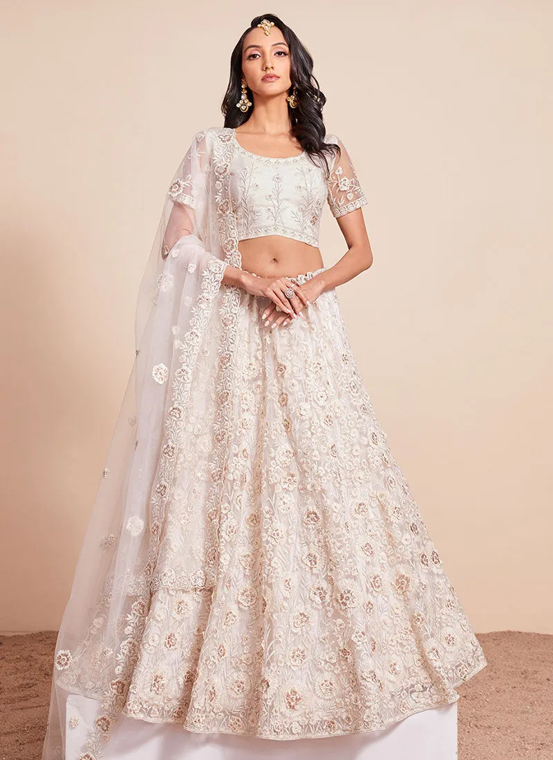 Off White Thread And Sequence Embroidery Lehenga Choli And Dupatta