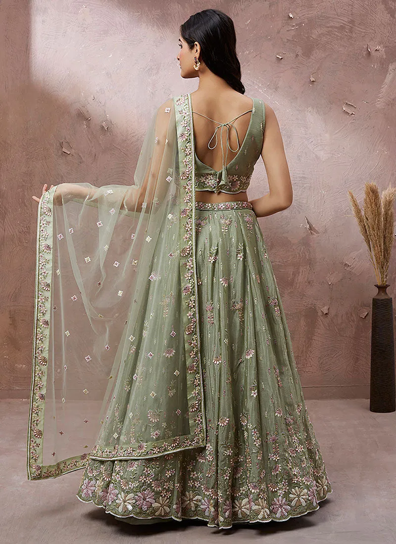 Olive Green Multi Embroidery Lehenga Choli And Dupatta