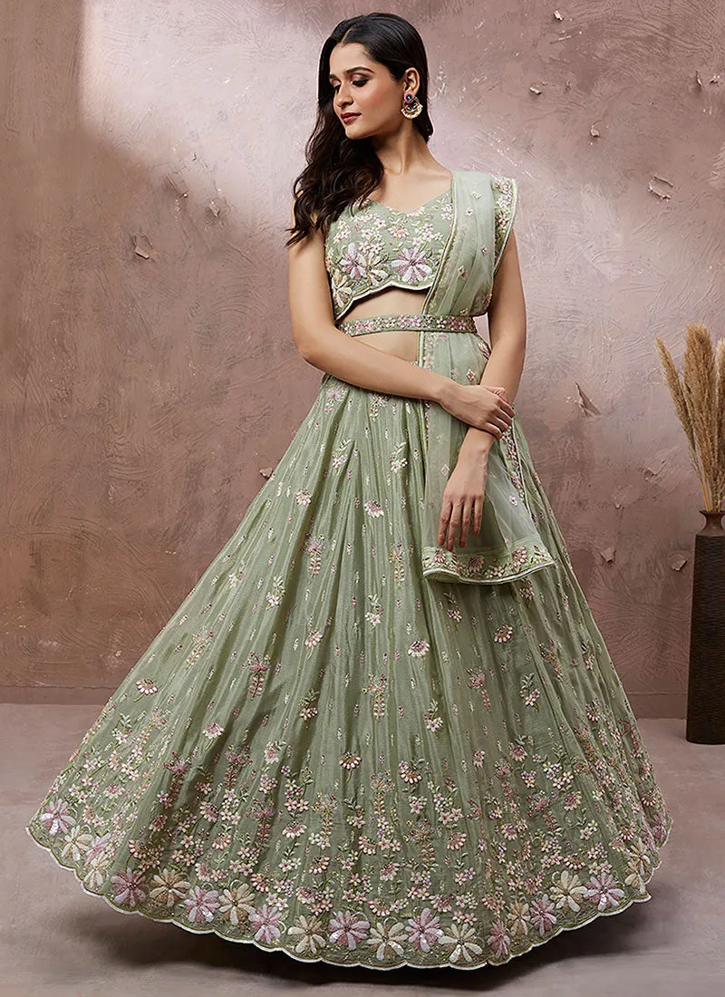 Olive Green Multi Embroidery Lehenga Choli And Dupatta