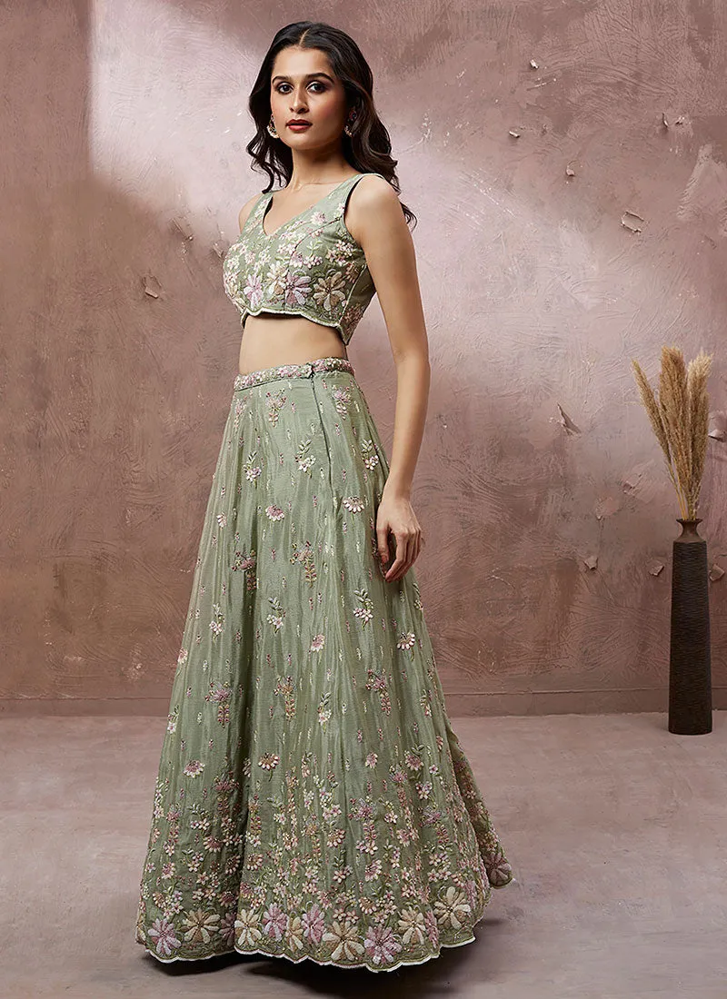 Olive Green Multi Embroidery Lehenga Choli And Dupatta