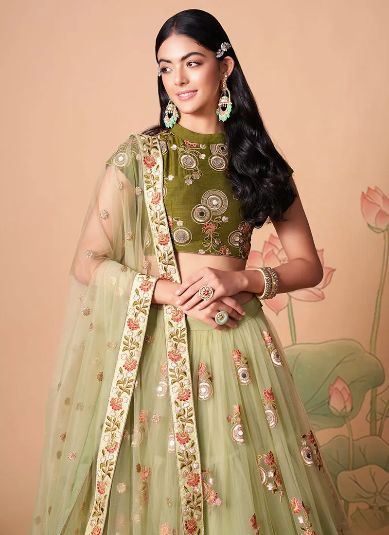 Olive Green Multi Embroidery Wedding Lehenga Choli