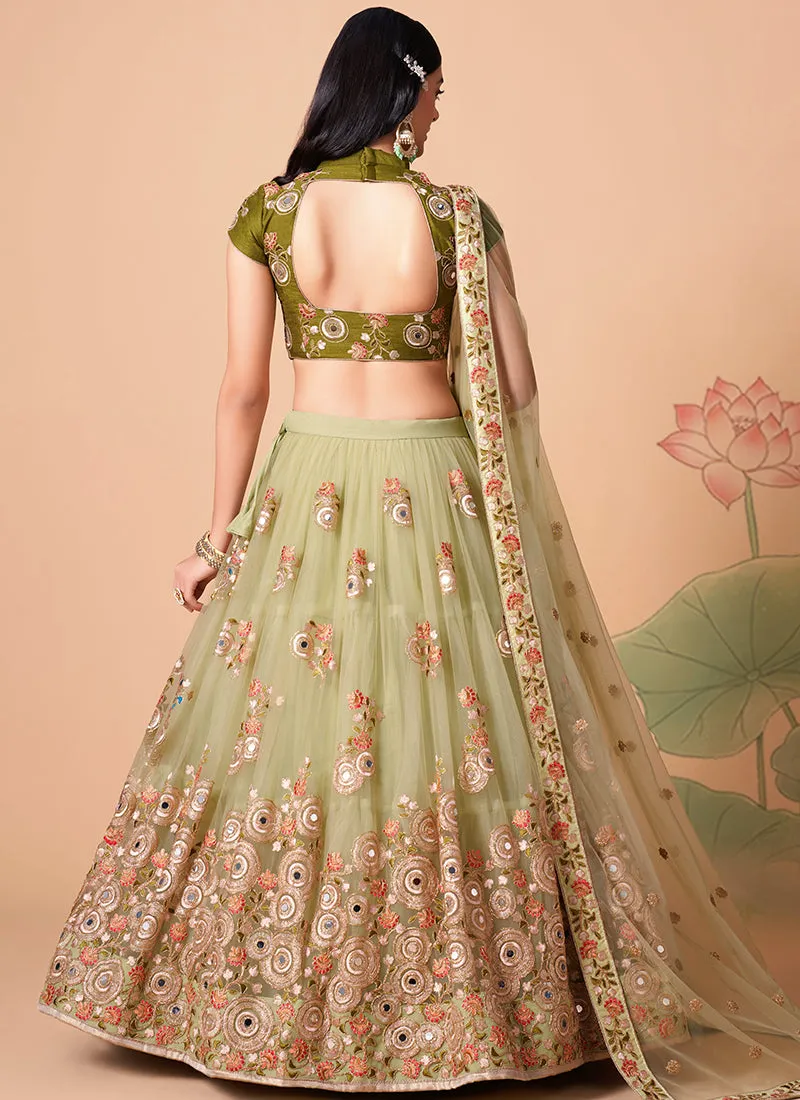 Olive Green Multi Embroidery Wedding Lehenga Choli