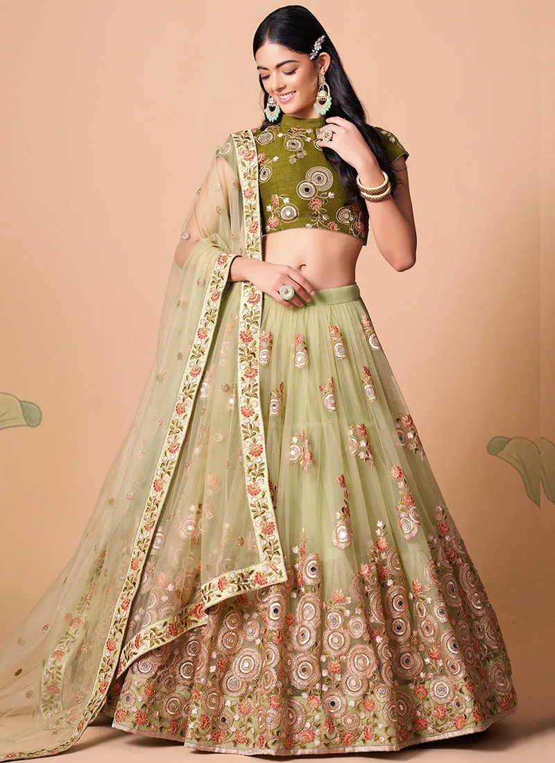 Olive Green Multi Embroidery Wedding Lehenga Choli