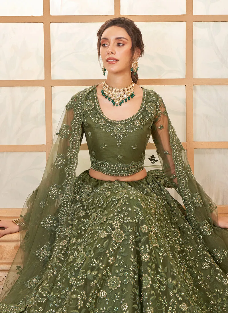 Olive Green Thread Embroidery Traditional Lehenga Choli And Dupatta