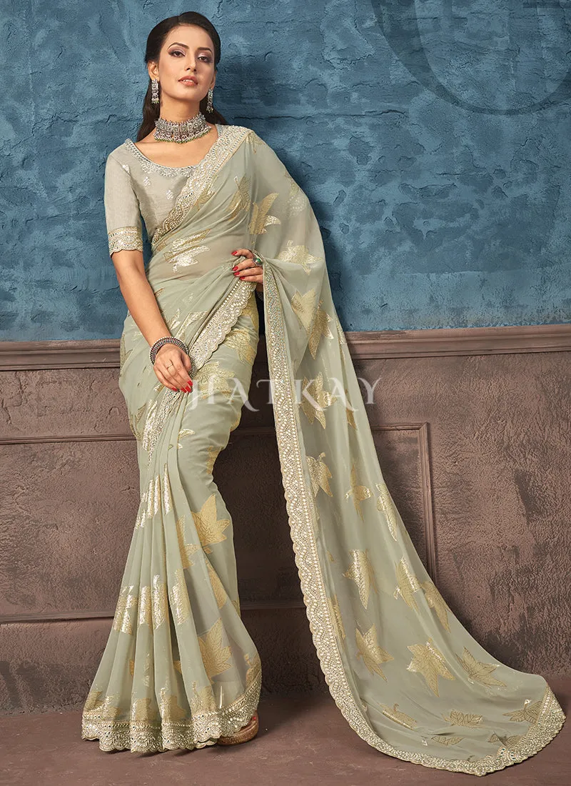 Pale Green Mirror Work Embroidery Party Wear Saree