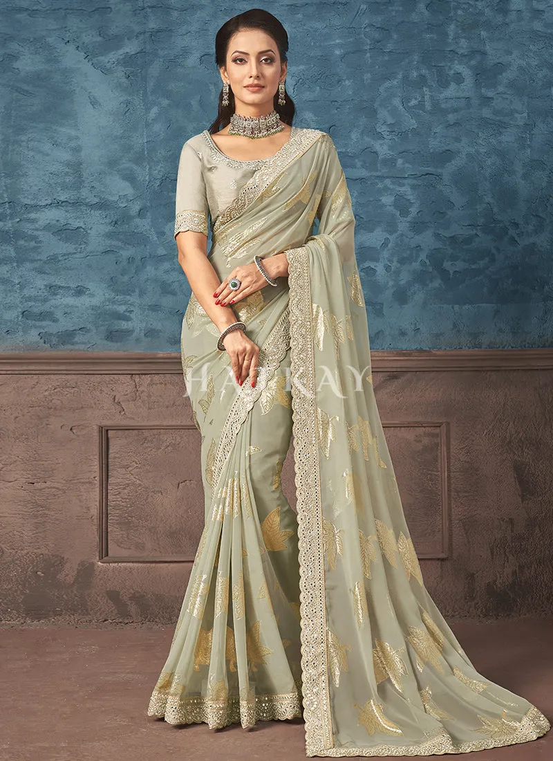 Pale Green Mirror Work Embroidery Party Wear Saree