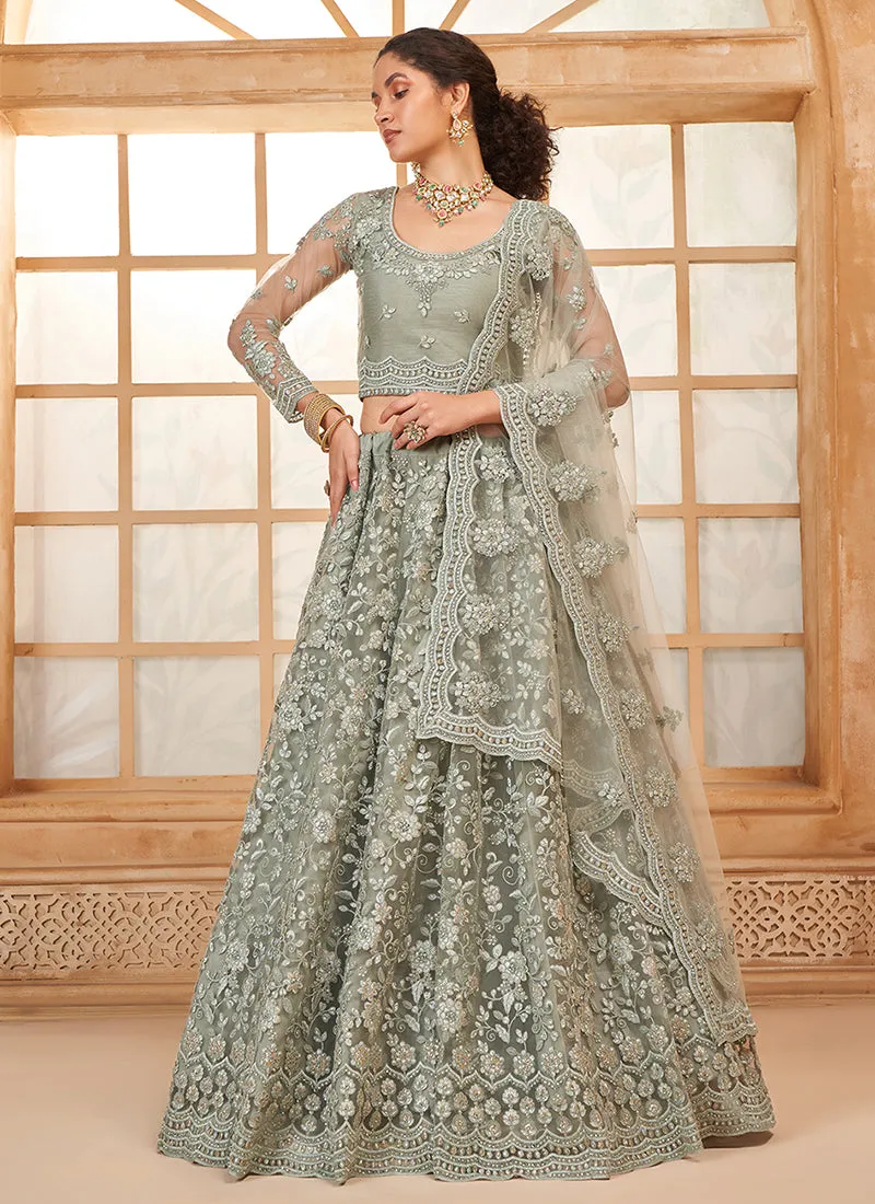 Pale Green Thread Embroidery Traditional Lehenga Choli And Dupatta