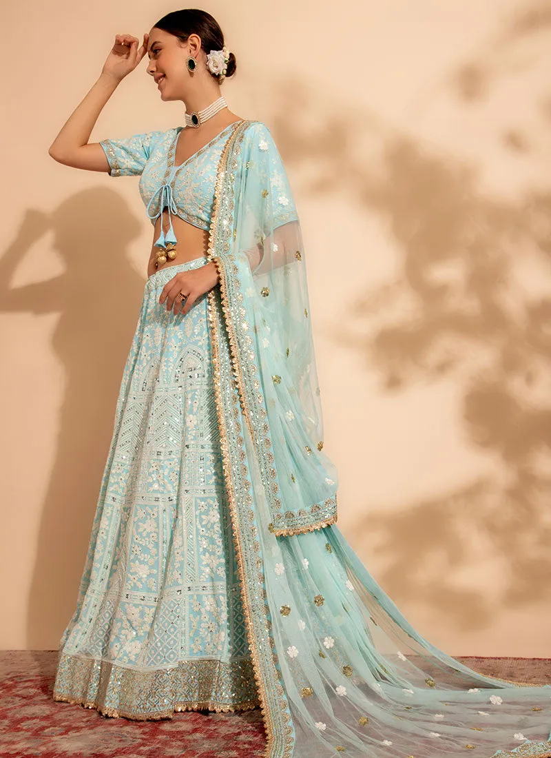 Pastel Blue Embroidery Wedding Lehenga Choli