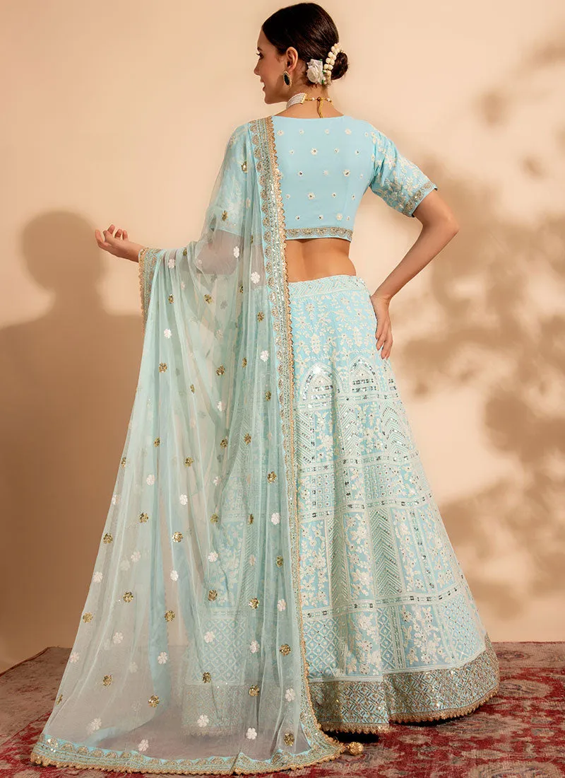 Pastel Blue Embroidery Wedding Lehenga Choli