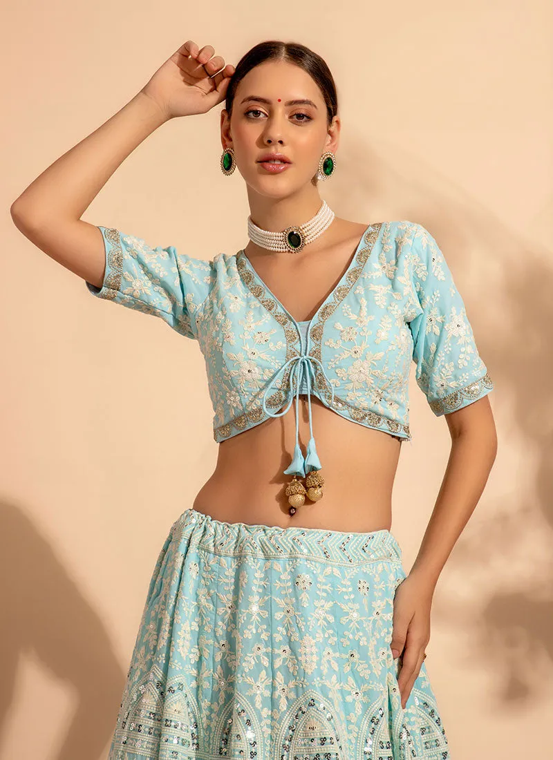 Pastel Blue Embroidery Wedding Lehenga Choli