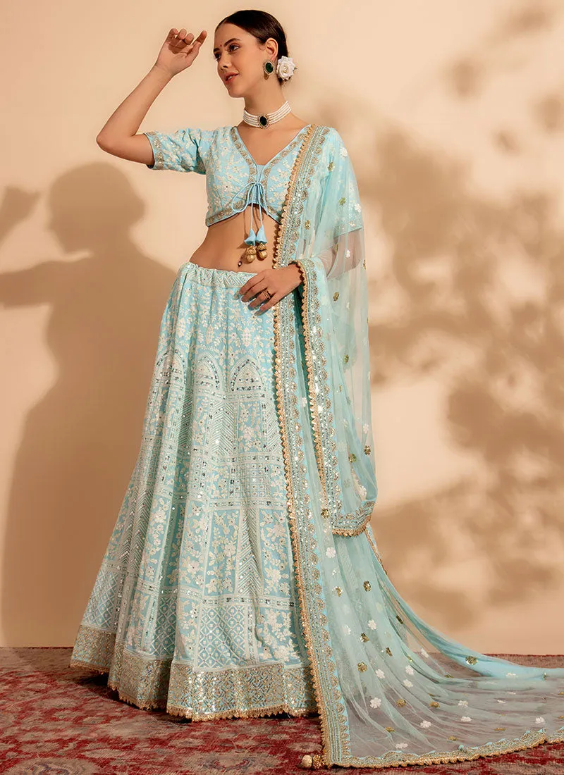 Pastel Blue Embroidery Wedding Lehenga Choli