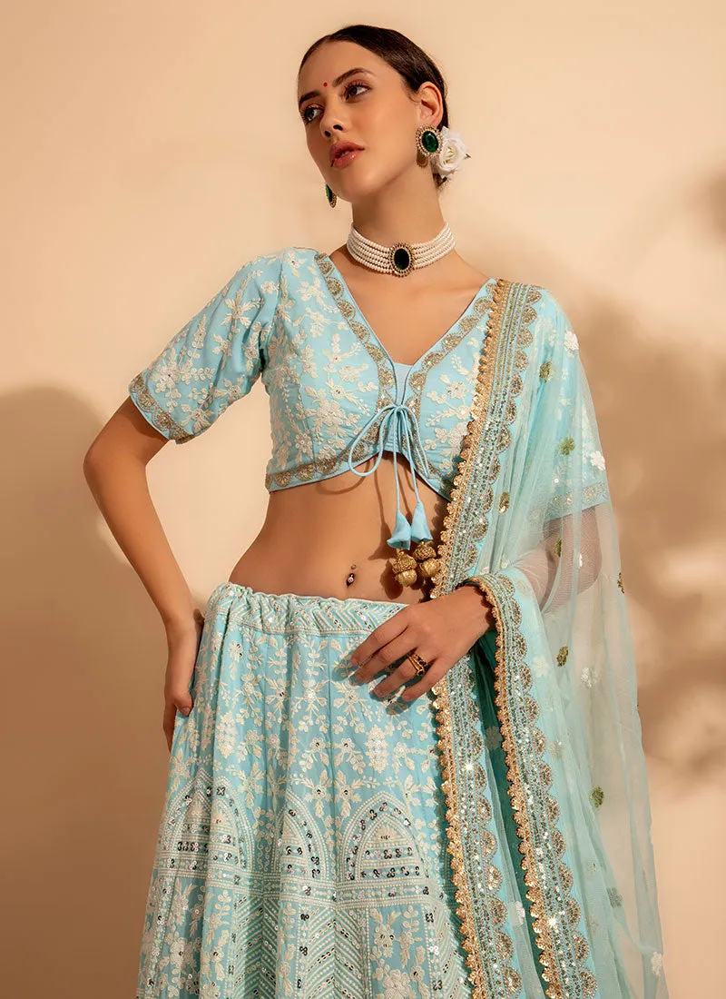 Pastel Blue Embroidery Wedding Lehenga Choli