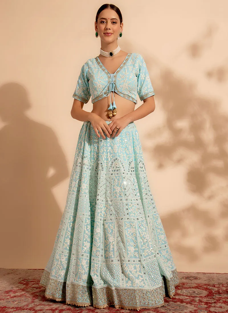 Pastel Blue Embroidery Wedding Lehenga Choli