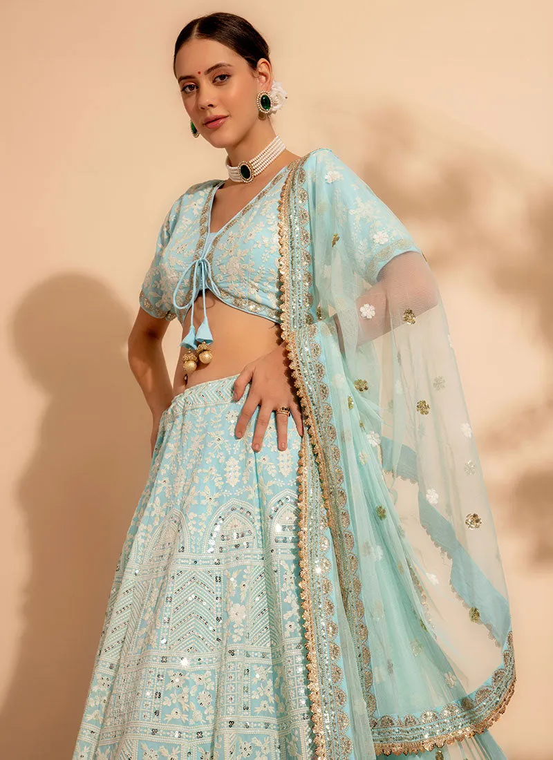 Pastel Blue Embroidery Wedding Lehenga Choli