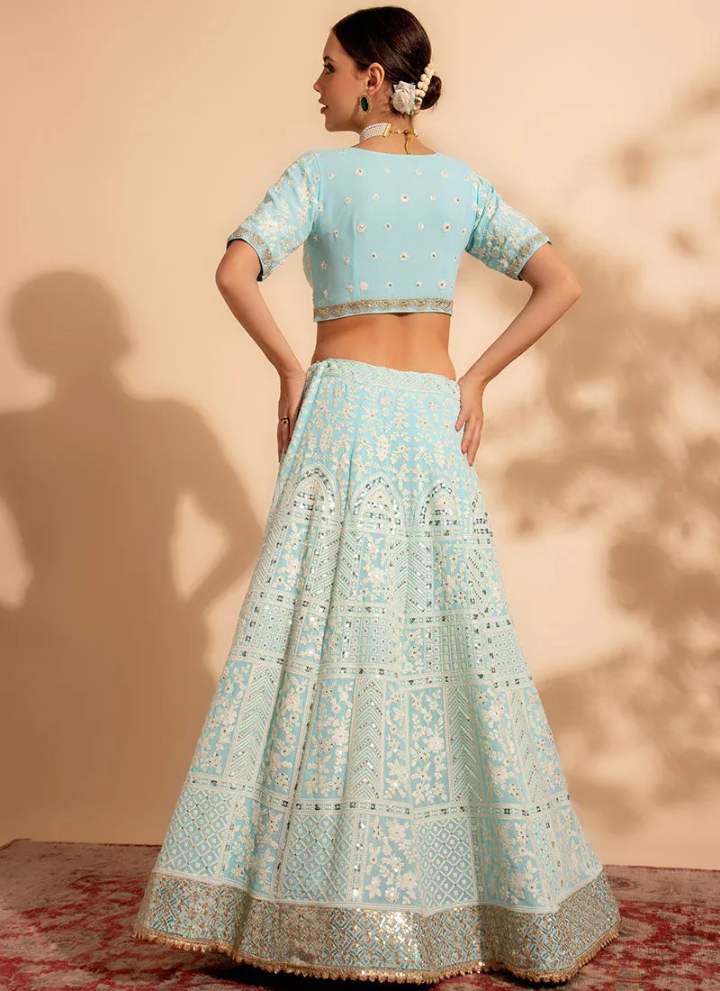 Pastel Blue Embroidery Wedding Lehenga Choli