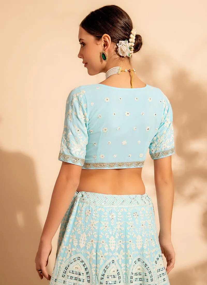 Pastel Blue Embroidery Wedding Lehenga Choli