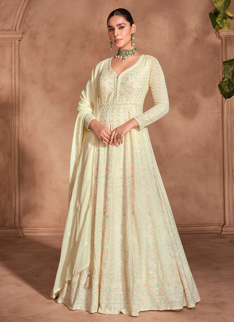 Pastel Yellow Chikankari Embroidery Anarkali Gown