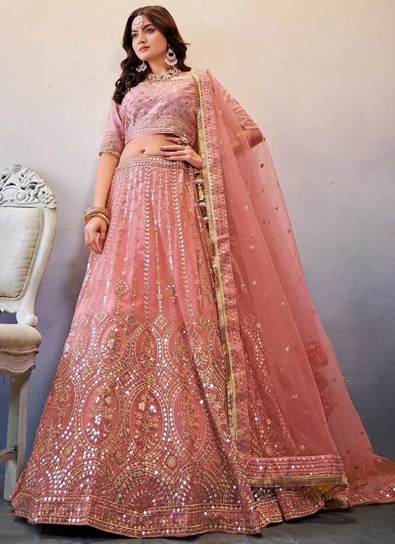 Peach Mirror Work Embroidery Wedding Lehenga Choli