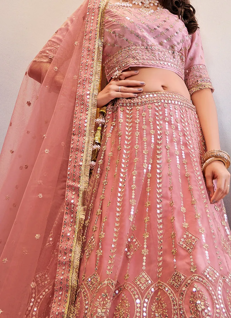 Peach Mirror Work Embroidery Wedding Lehenga Choli