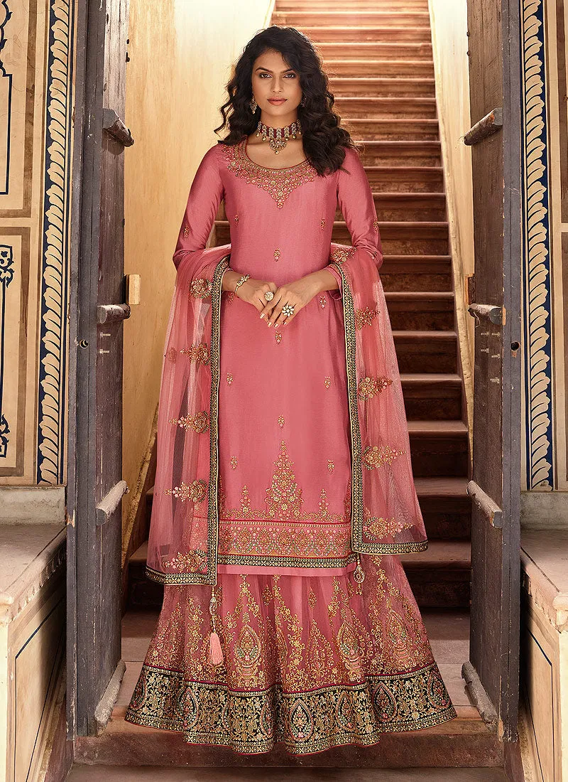 Peach Overall Multi Embroidered Lehenga Suit