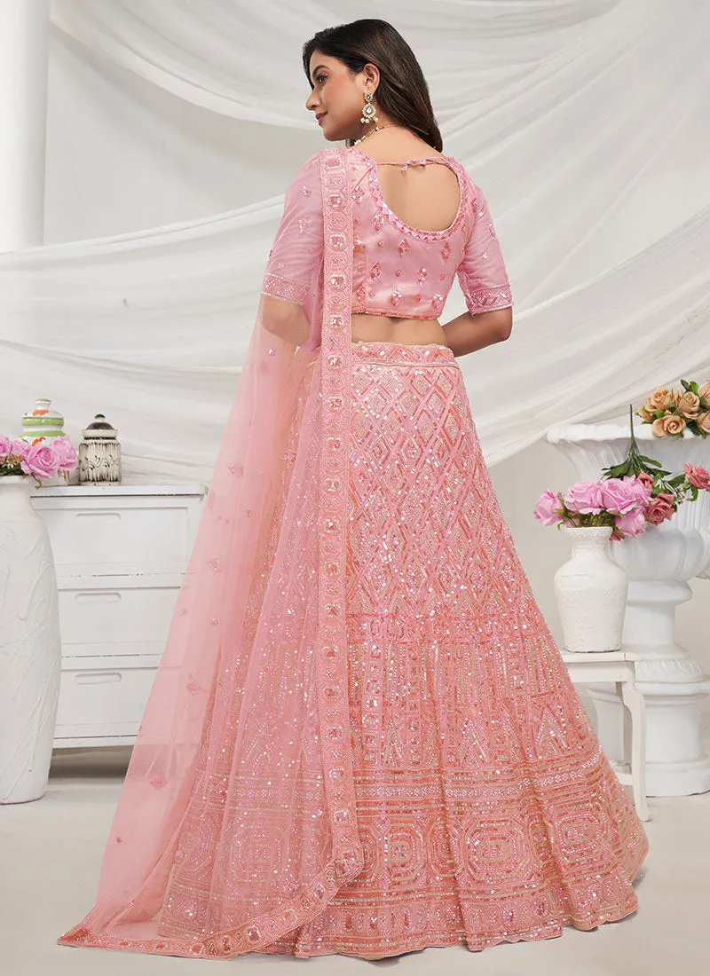 Peach Sequence And Pearl Embroidery Wedding Lehenga