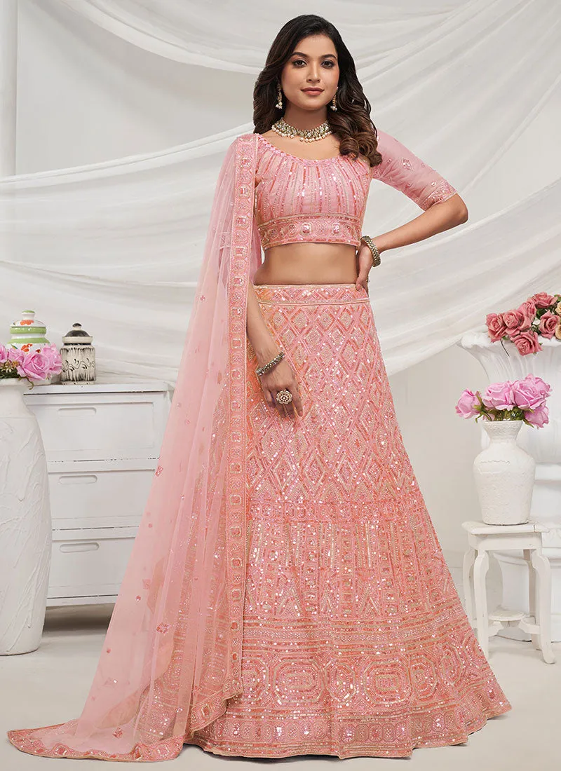 Peach Sequence And Pearl Embroidery Wedding Lehenga