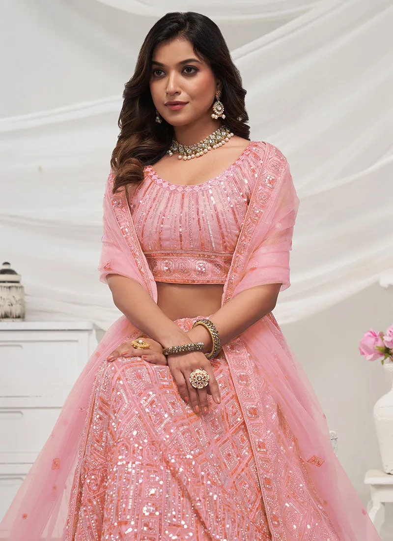 Peach Sequence And Pearl Embroidery Wedding Lehenga